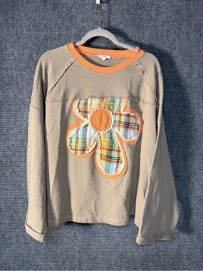 easel Beige Sweatshirt with Plaid Flower Applique and Orange Trim boutique fall